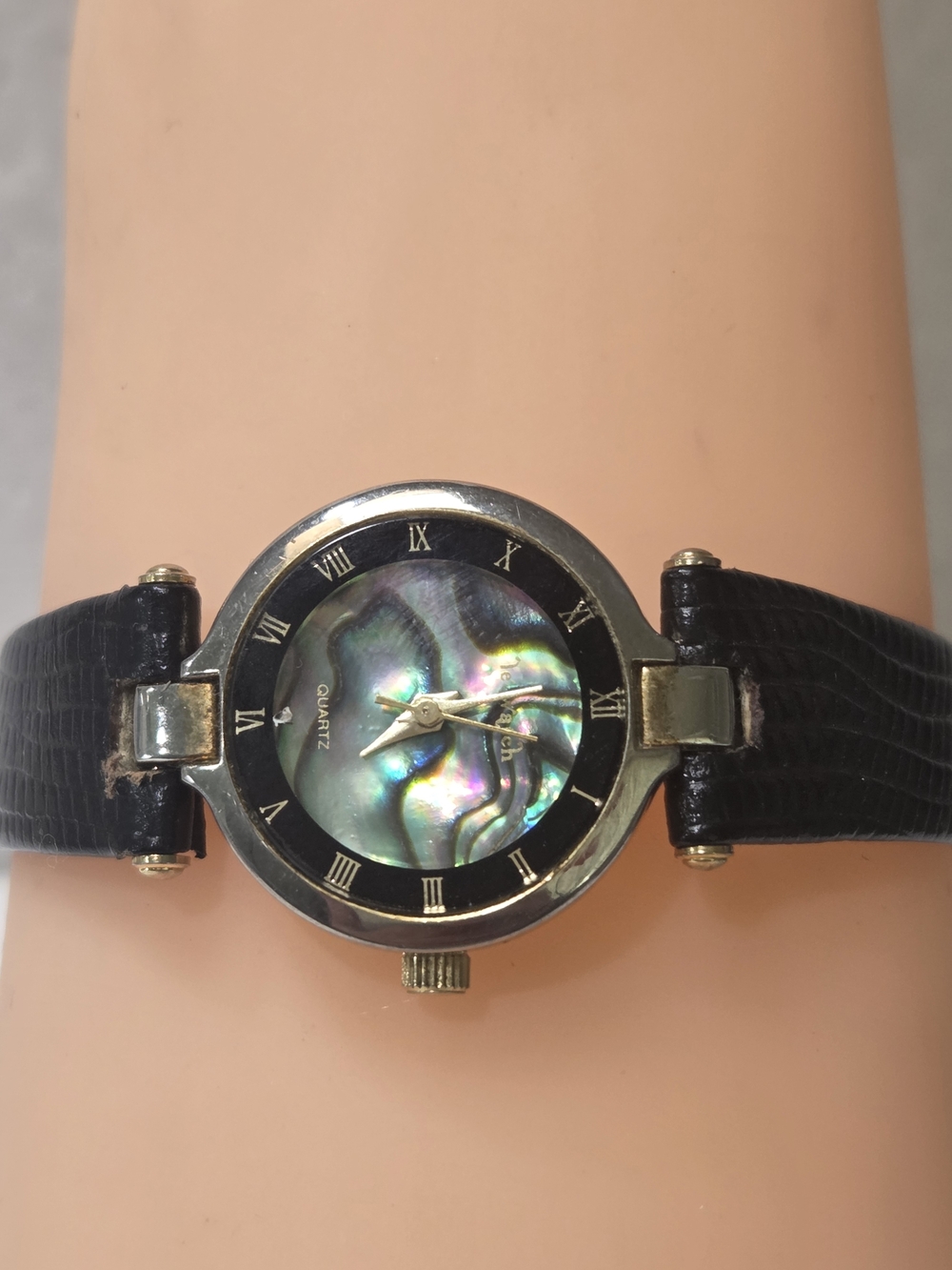 Women's Black Strap Watch with Iridescent Mother-of-Pearl Dial